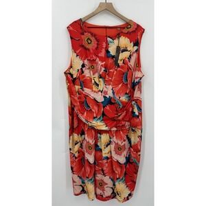 Tahari Dress Women 22W Orange Floral Colorful Tropical Stretch NEW